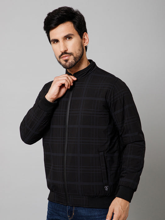 Checkered Full Sleeves Mock Collar Regular Fit Black Casual Jacket For Men