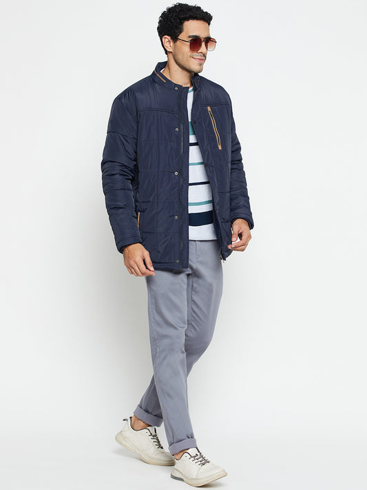 Solid Navy Blue Full Sleeves Mock Collar Regular Fit Casual Jacket for Men