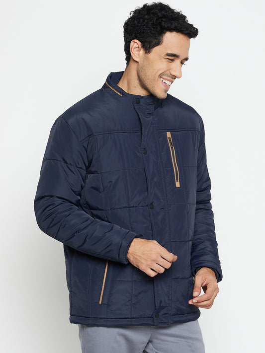 Solid Navy Blue Full Sleeves Mock Collar Regular Fit Casual Jacket for Men