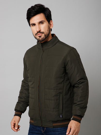 Solid Full Sleeves Mock Collar Regular Fit Olive Casual Reversible Jacket For Men