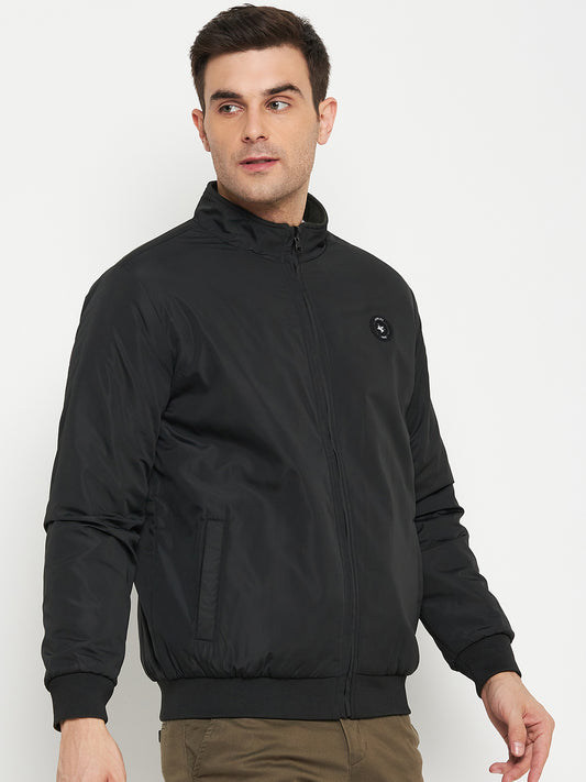Solid Black Full Sleeves Mock Collar Regular Fit Reversible Casual Jacket for Men