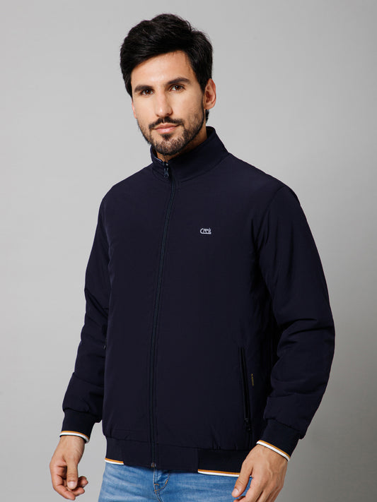 Solid Full Sleeves Mock Collar Regular Fit Navy Blue Casual Reversible Jacket For Men