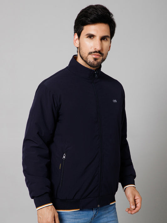 Solid Full Sleeves Mock Collar Regular Fit Navy Blue Casual Reversible Jacket For Men