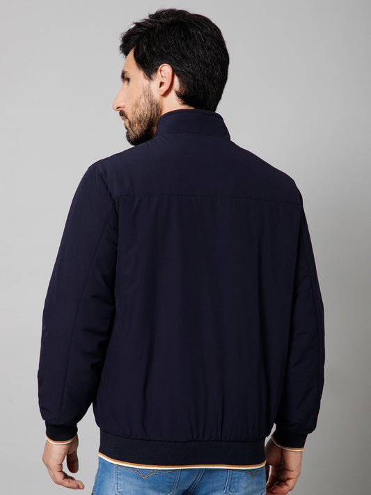 Solid Full Sleeves Mock Collar Regular Fit Navy Blue Casual Reversible Jacket For Men