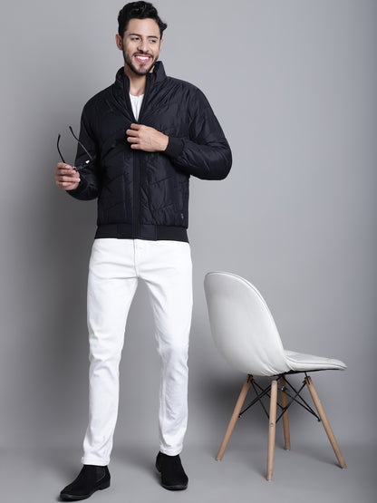 Solid Black Full Sleeves Mock Collar Regular Fit Casual Jacket for Men