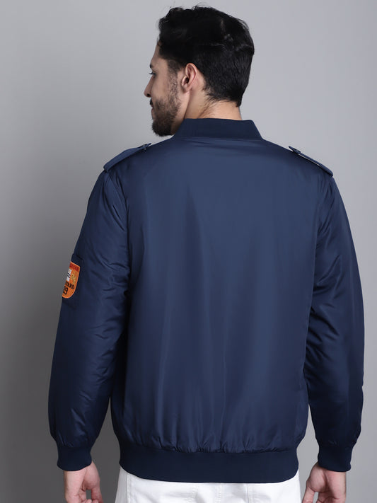 Solid Navy Blue Full Sleeves Mock Collar Regular Fit Casual Jacket for Men