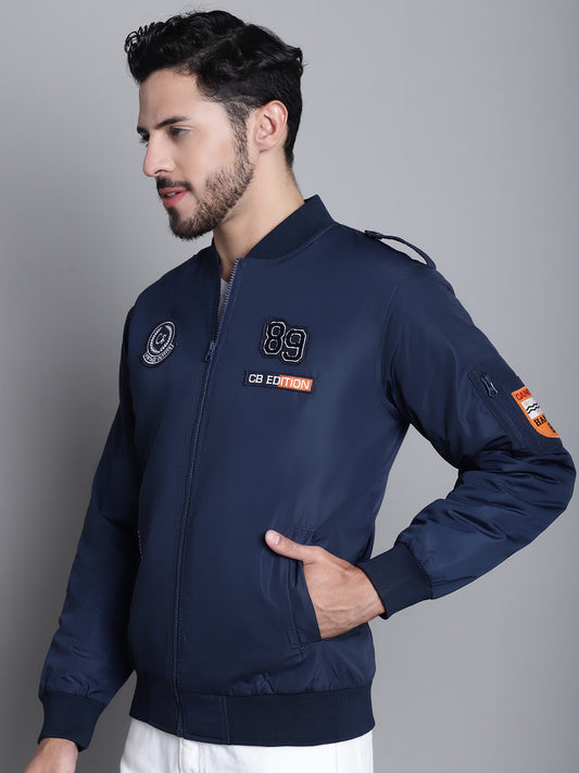 Solid Navy Blue Full Sleeves Mock Collar Regular Fit Casual Jacket for Men