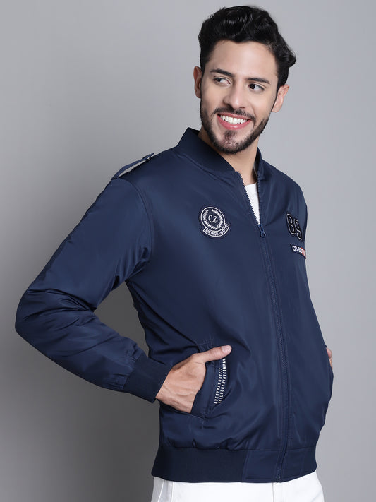 Solid Navy Blue Full Sleeves Mock Collar Regular Fit Casual Jacket for Men