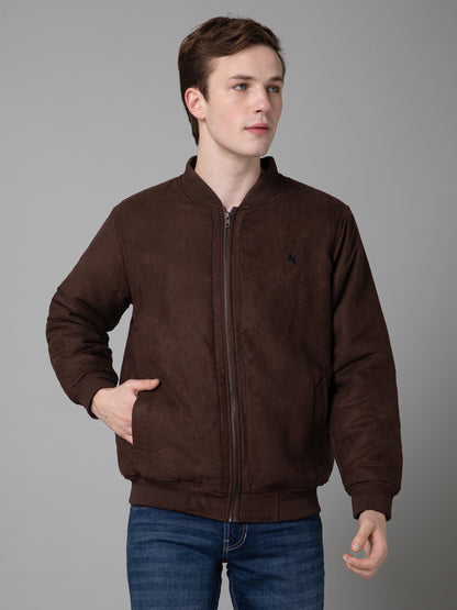 Solid Brown Full Sleeves Stand Collar Regular Fit Jacket for Men