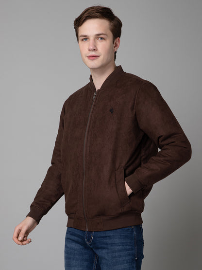 Solid Brown Full Sleeves Stand Collar Regular Fit Jacket for Men