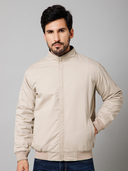 Solid Full Sleeves Mock Collar Regular Fit Beige Casual Reversible Jacket For Men