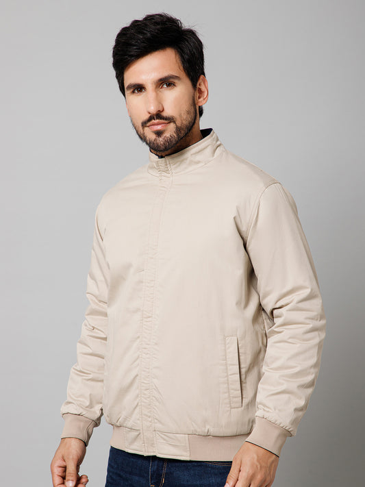 Solid Full Sleeves Mock Collar Regular Fit Beige Casual Reversible Jacket For Men