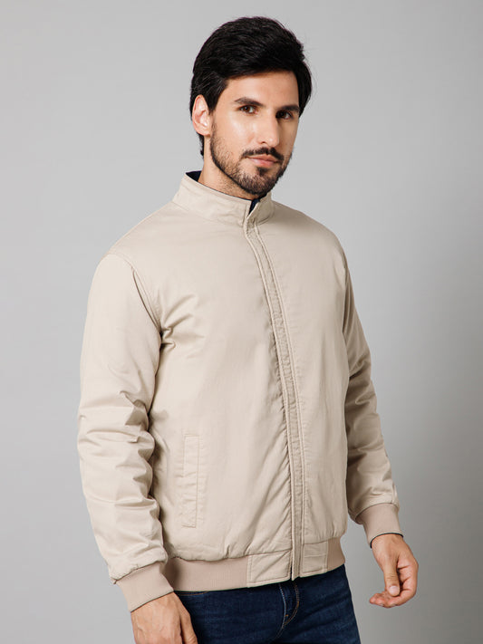 Solid Full Sleeves Mock Collar Regular Fit Beige Casual Reversible Jacket For Men