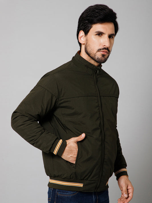 Solid Full Sleeves Mock Collar Regular Fit Olive Casual Reversible Jacket for Men