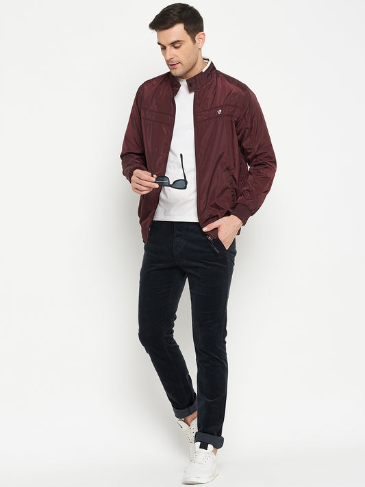 Solid Wine Full Sleeves Mock Collar Regular Fit Reversible Casual Jacket for Men