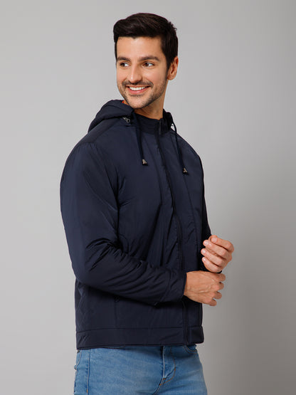 Solid Navy Blue Full Sleeves Hooded Neck Regular Fit Casual Jacket for Men