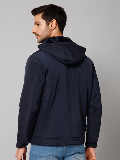 Solid Navy Blue Full Sleeves Hooded Neck Regular Fit Casual Jacket for Men