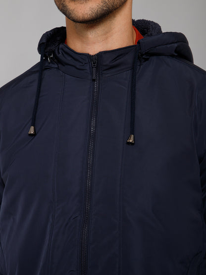 Solid Navy Blue Full Sleeves Hooded Neck Regular Fit Casual Jacket for Men