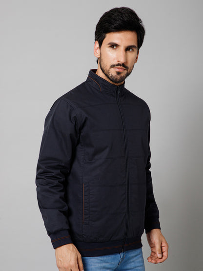 Solid Full Sleeves Mock Collar Regular Fit Navy Blue Casual Reversible Jacket For Men