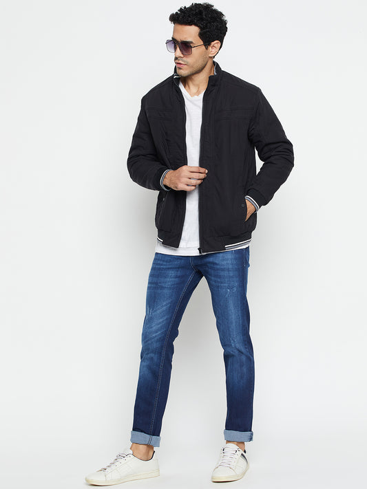 Solid Black Full Sleeves Mock Collar Regular Fit Casual Jacket for Men