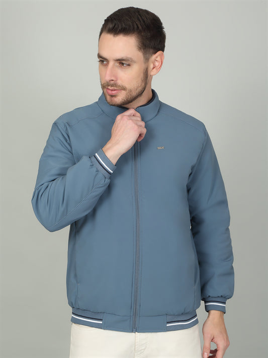 Men's Sky Blue Solid Mock Neck Reversible Jacket