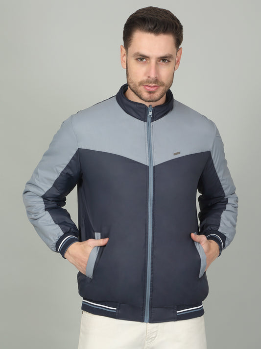 Men's Sky Blue Solid Mock Neck Reversible Jacket