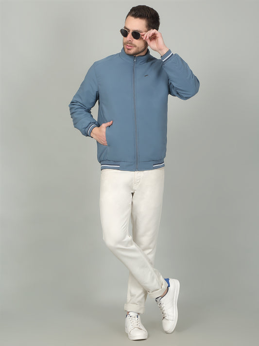 Men's Sky Blue Solid Mock Neck Reversible Jacket