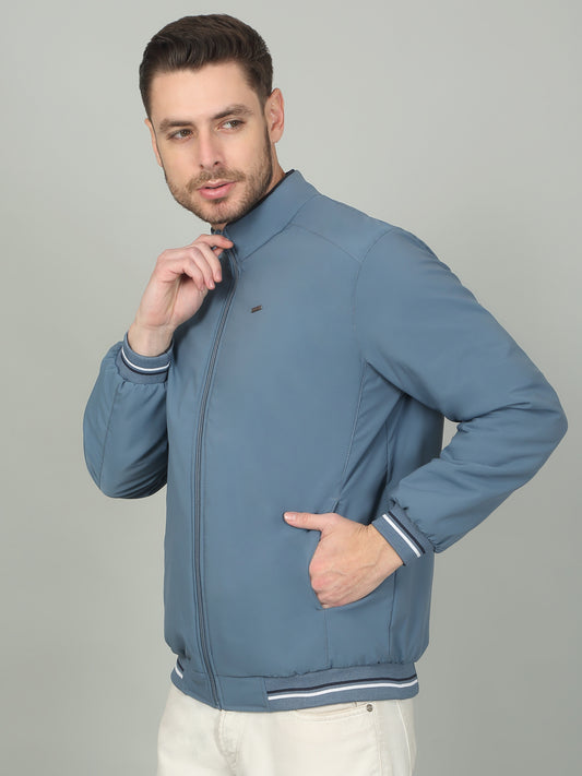 Men's Sky Blue Solid Mock Neck Reversible Jacket