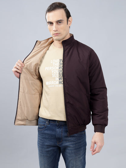 Men's Wine Solid Mock Neck Reversible Winter Jacket