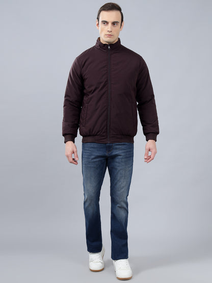 Men's Wine Solid Mock Neck Reversible Winter Jacket