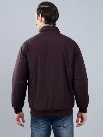 Men's Wine Solid Mock Neck Reversible Winter Jacket