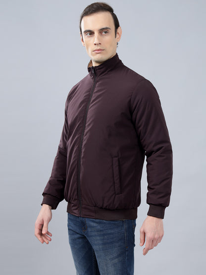 Men's Wine Solid Mock Neck Reversible Winter Jacket