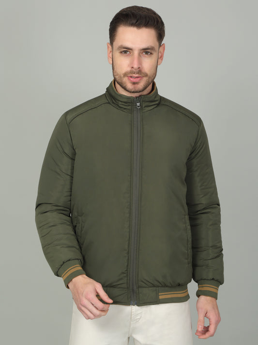 Men's Olive Solid Mock Neck Reversible Jacket