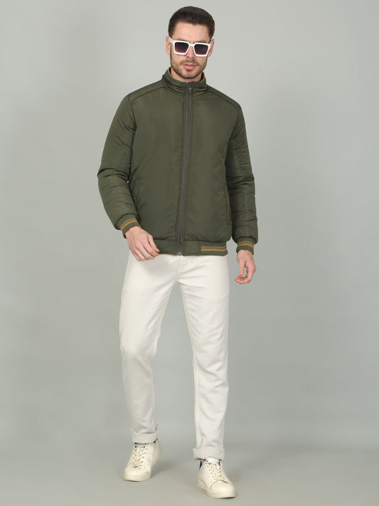 Men's Olive Solid Mock Neck Reversible Jacket