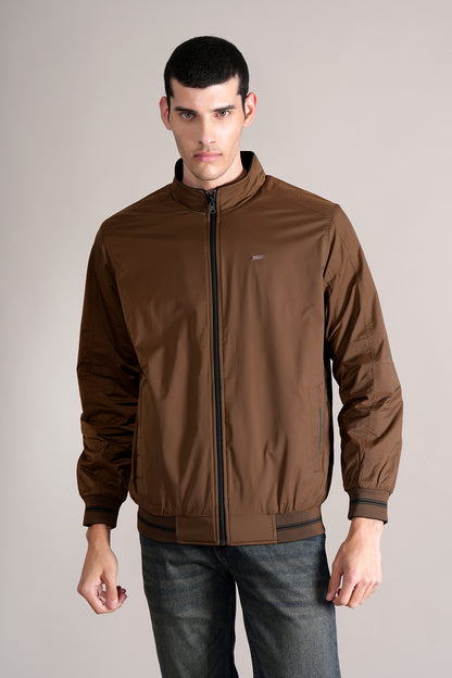 Men's Brown Solid Mock Collar Jacket