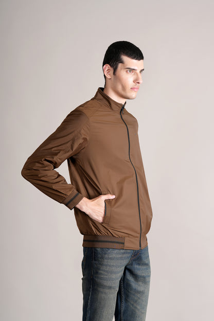 Men's Brown Solid Mock Collar Jacket