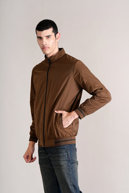 Men's Brown Solid Mock Collar Jacket