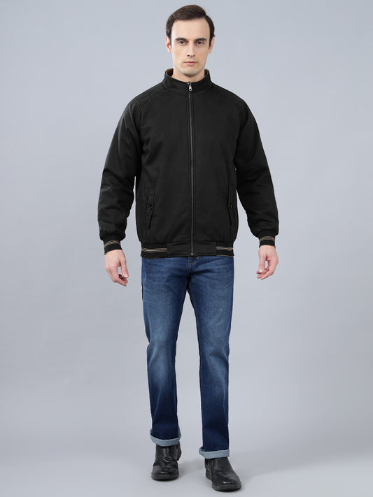 Men's Black Solid Mock Neck Reversible Winter Jacket