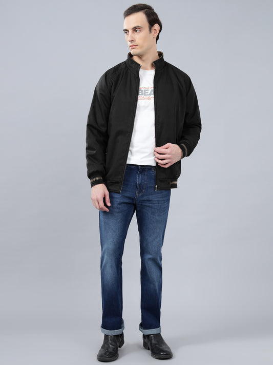 Men's Black Solid Mock Neck Reversible Winter Jacket