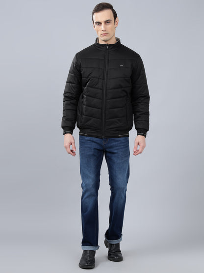 Men's Black Solid Mock Neck Reversible Winter Jacket