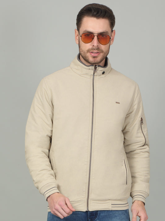 Men's Beige Solid Mock Neck Reversible Jacket