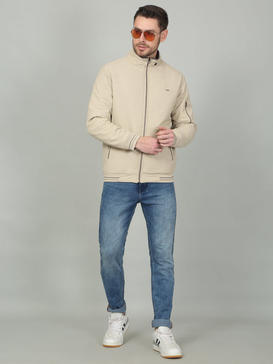 Men's Beige Solid Mock Neck Reversible Jacket