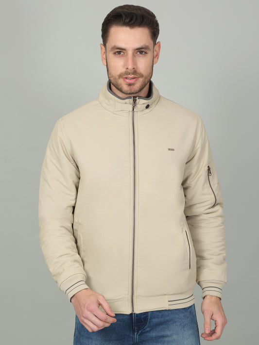 Men's Beige Solid Mock Neck Reversible Jacket