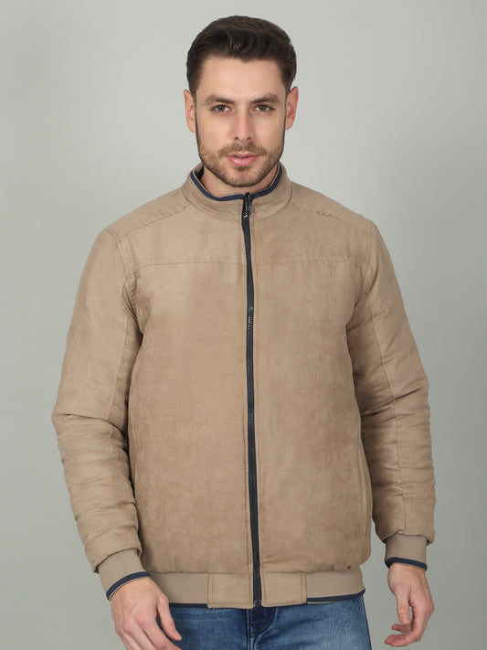 Men's Beige Solid Mock Neck Reversible Jacket