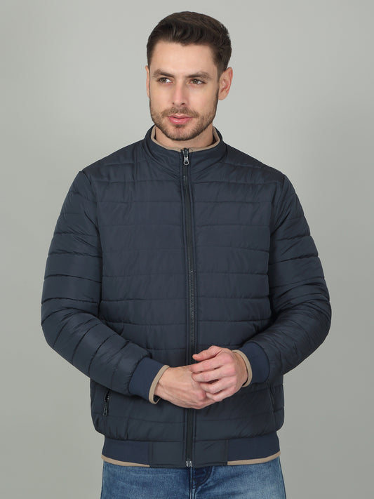 Men's Beige Solid Mock Neck Reversible Jacket