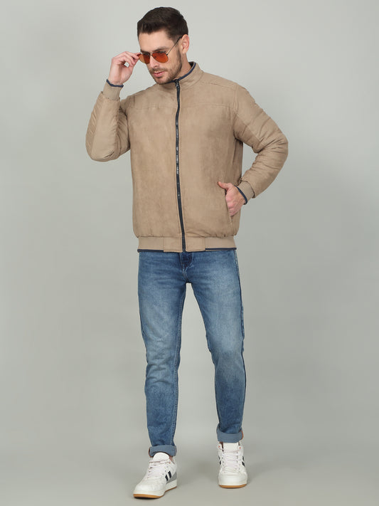 Men's Beige Solid Mock Neck Reversible Jacket