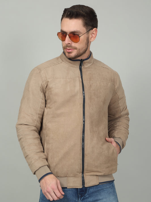 Men's Beige Solid Mock Neck Reversible Jacket