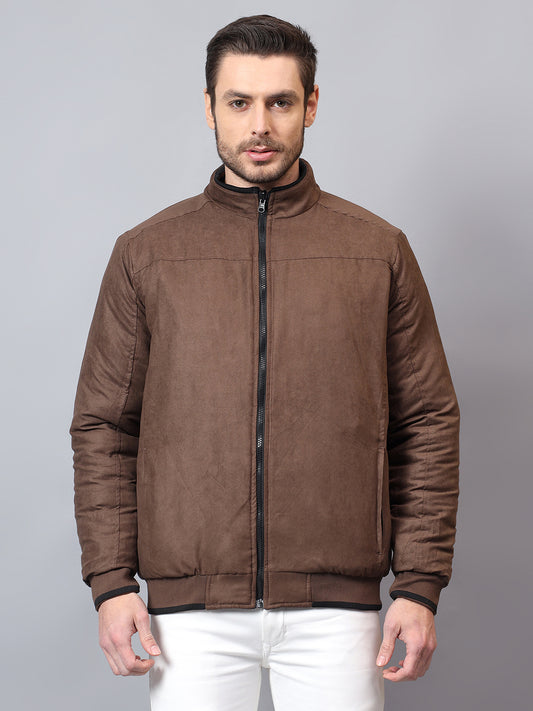 Men's Tan Solid Mock Neck Reversible Winter Jacket