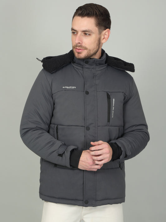 Men's Solid Grey Hooded Neck Jacket