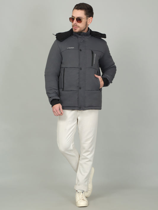 Men's Solid Grey Hooded Neck Jacket